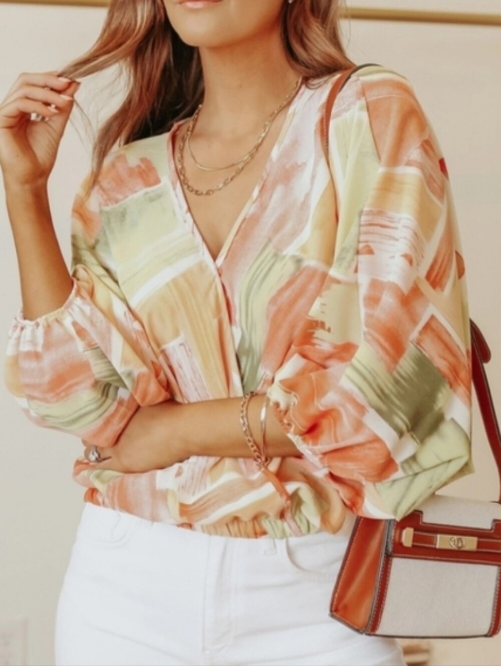 Entro Watermelon Abstract Dolman Crisscross V Neck Top Size Medium